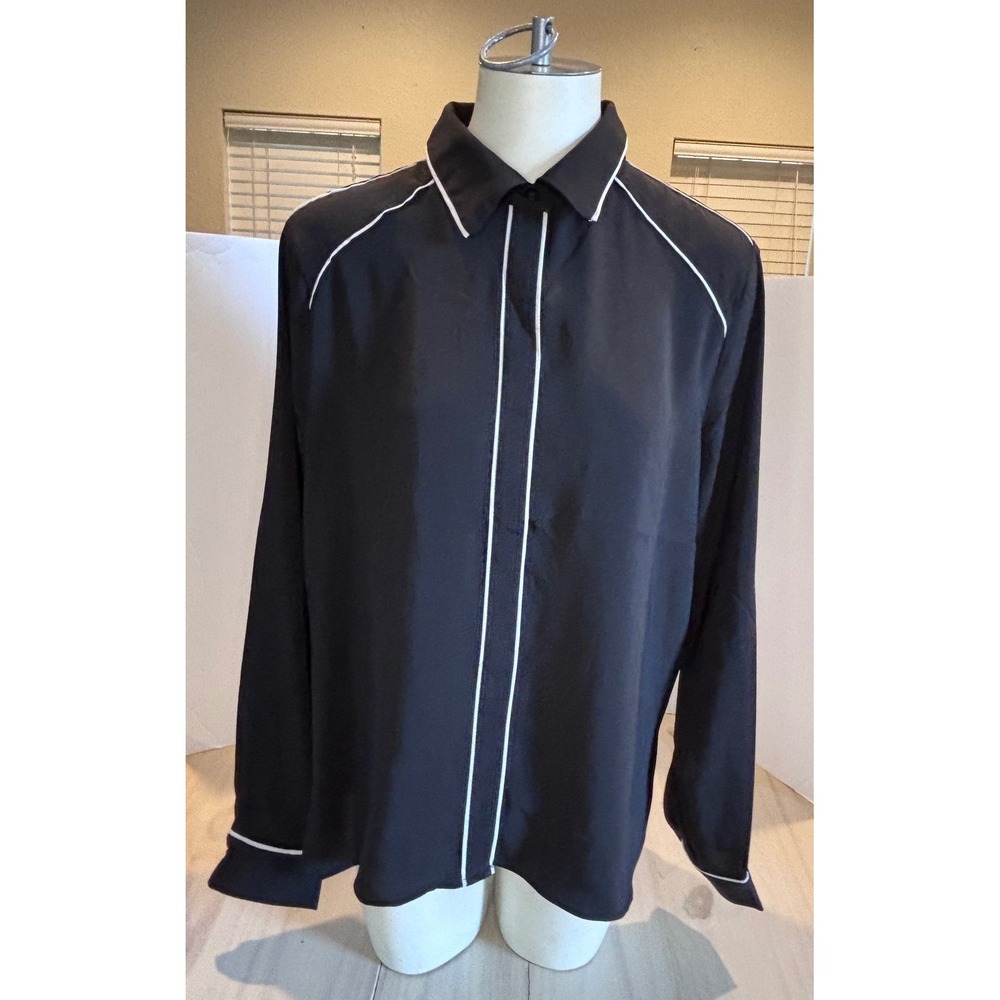 Modern Works Womens Large Black White Contrast Piping Button Down Blouse‎ Shirt